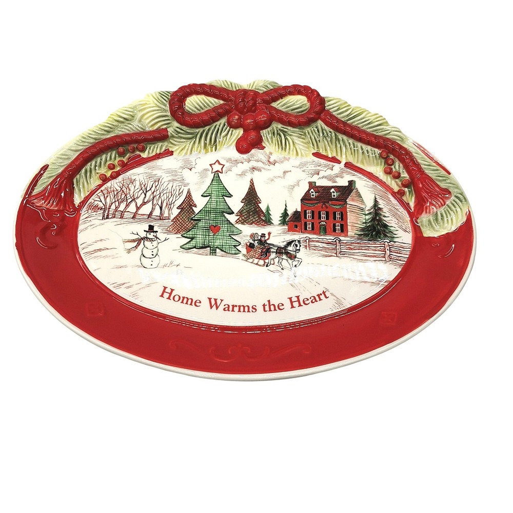Fitz and Floyd Home Warms the Heart Christmas Cookie Platter Sleigh Scene Red